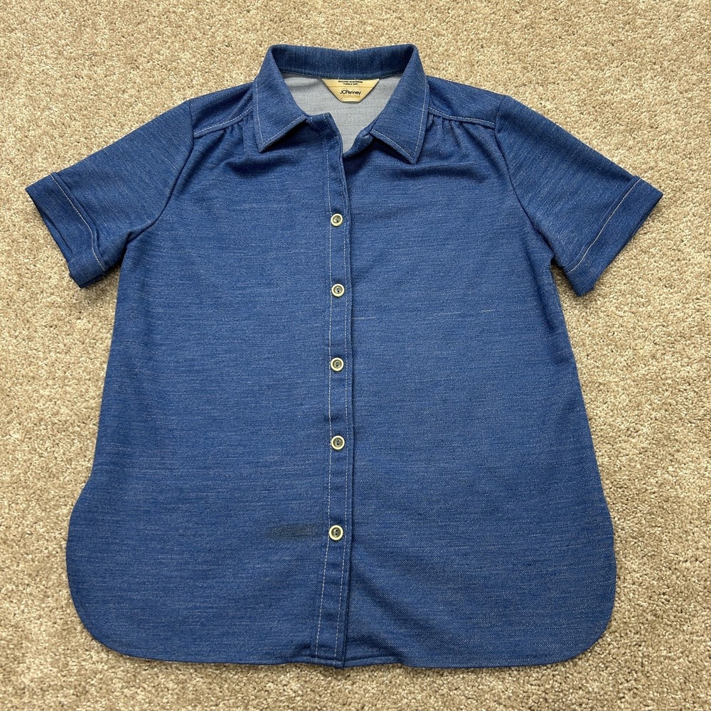 Vintage JCPenney Fashions Shirt Womens Large Blue Jersey Button Short Sleeve